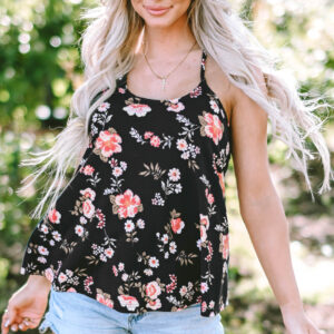 black floral spaghetti straps strappy back tank top