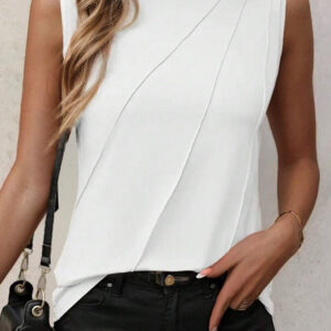 Women's Clothing Styles white crew neck pleated tank top