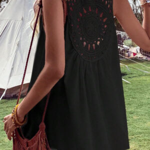 black bohemian crochet patchwork sleeveless tunic