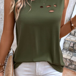 jungle green solid color distressed holes crew neck tank top